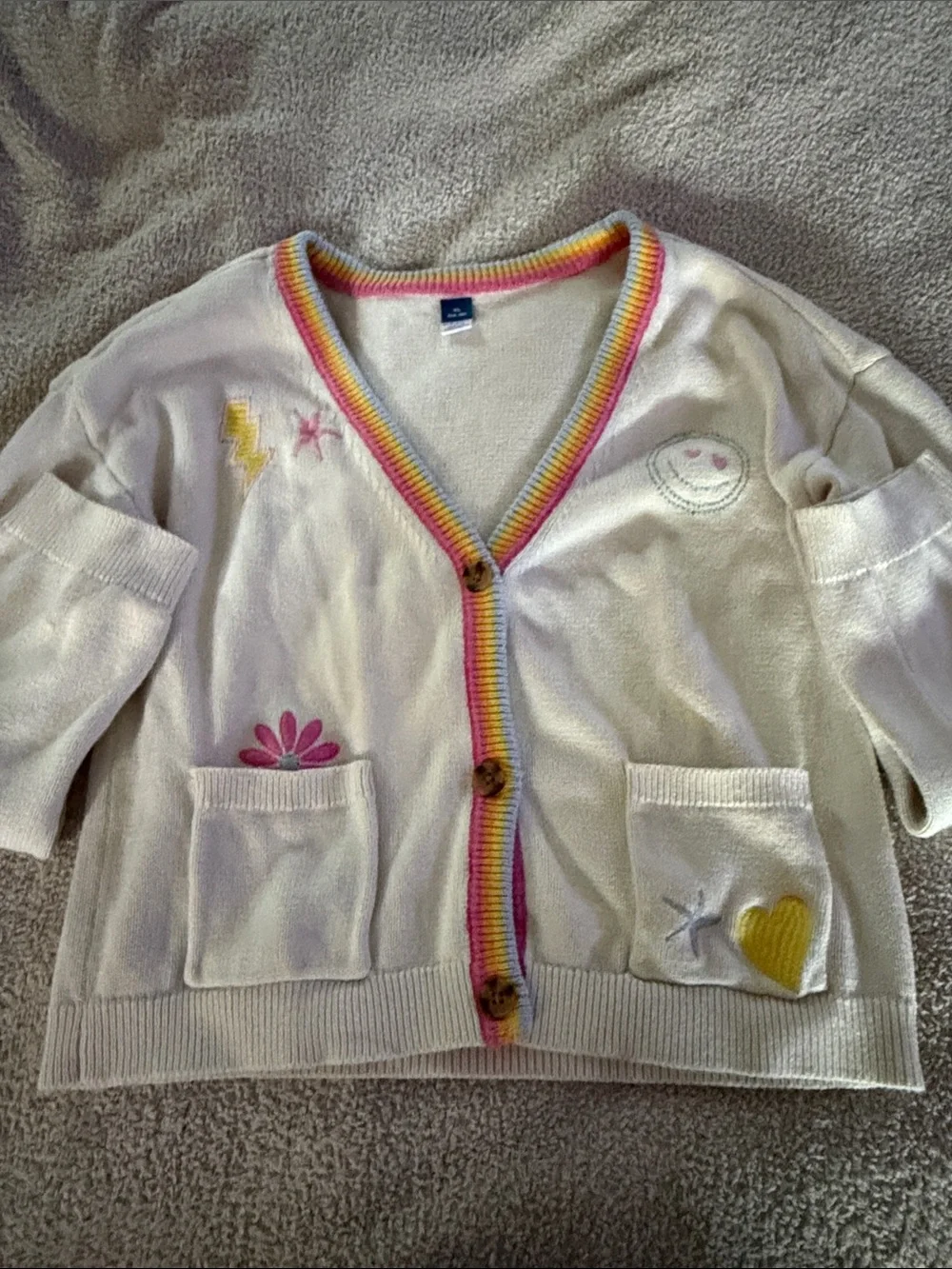 GAP Cream Cardigan with Rainbow Trim and Colorful Embroidered Accents